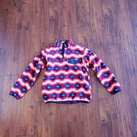Patagonia Women’s Wild Desert Synchilla Snap T Fleece Pullover Red Aztec Print M - Picture 5 of 16